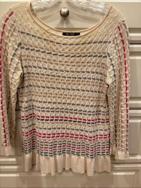 NIC+ZOE Cream Open-Weave Crewneck Sweater with Pink and Gray Stripes
